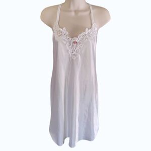 Vintage California Miss Nightgown Medium White Lace Floral Satin Slip Dress